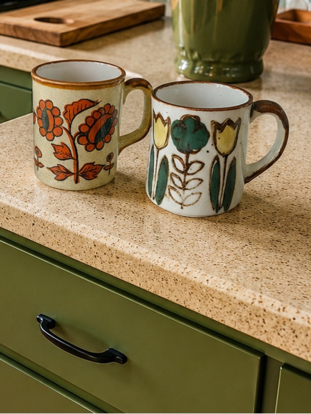 VTG 70s Otagiri Style Japan Speckled Stoneware Floral Coffee Cups Mug  Set Of 2